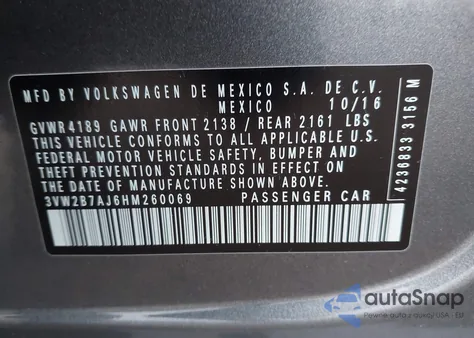 2017 Volkswagen Jetta 1.4T S from USA, damaged, VIN 3VW2B7AJ6HM260069